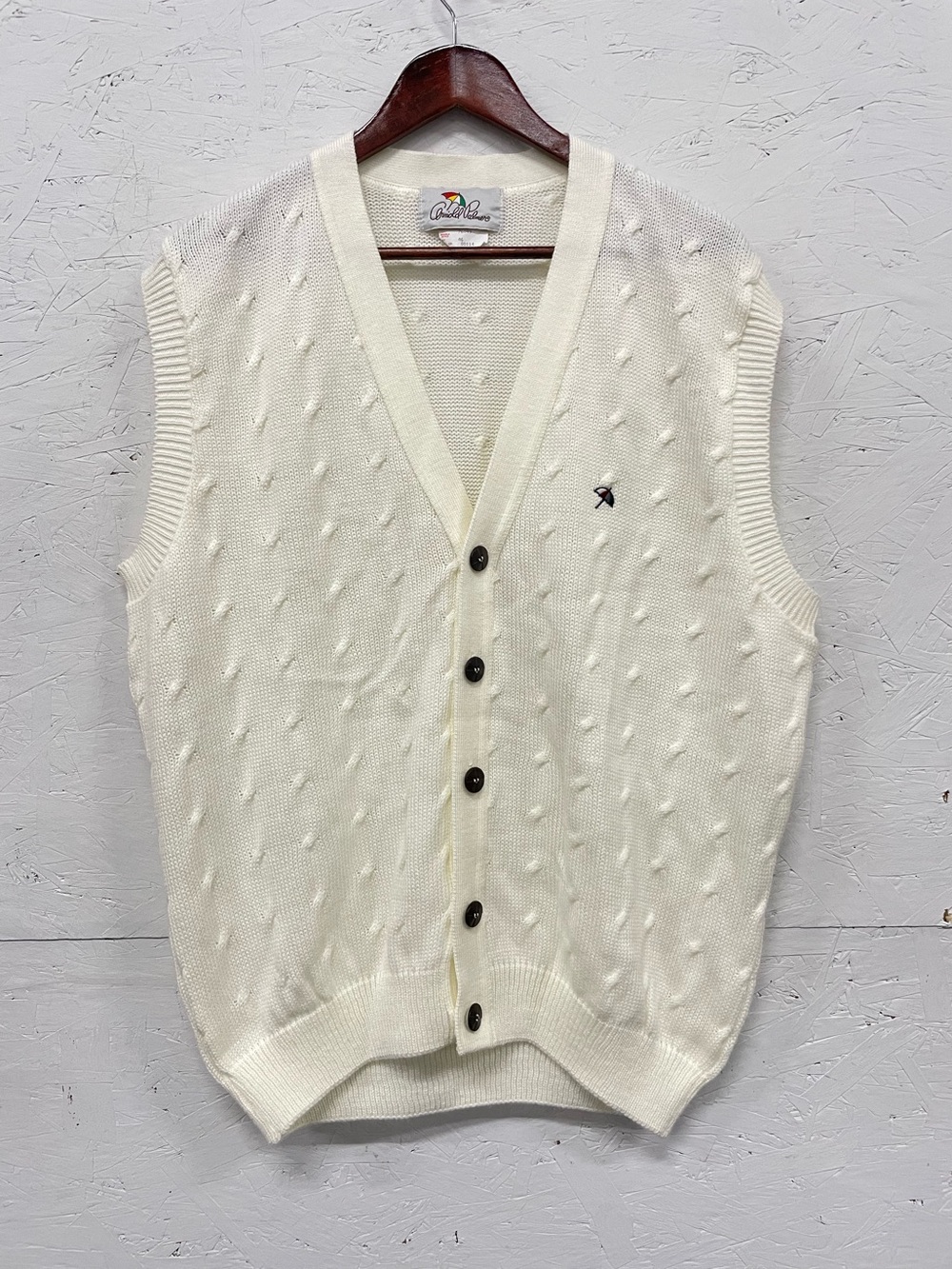 Vintage 80s Arnold Palmer Cable-Knit Cardigan Vest, Size 46/L, Cream